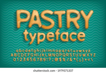 Pastry alphabet font. Cartoon cookie letters, numbers and punctuation. Uppercase and lowercase. Stock vector illustration for your typography design.