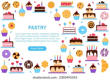 Pastry background with circle copy space and button. Colorful baked healthy food collection design. Dessert elements donut cake cupcake for cafe menu. Internet web page flat vector illustration.