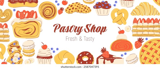 Pastry background. Desserts, baked goods. Frame from donut, macaron, croissant, eclair, strudel, mille feuille, bagel, cinnamon roll. Flat trendy vector illustration, isolated on white, space for text