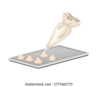 Pastry Bag With Batter Molding Shapes On Cookie Sheet As Baking Process Vector Illustration