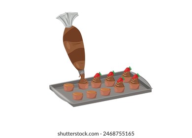 Pastry bag with chocolate cream and cupcakes on a baking sheet. Bakery, pastry shop, cooking, preparing desserts. Hand drawn vector illustration