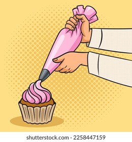 Pastry bag in hands of confectioner making decorates cake with cream pinup pop art retro vector illustration. Comic book style imitation.