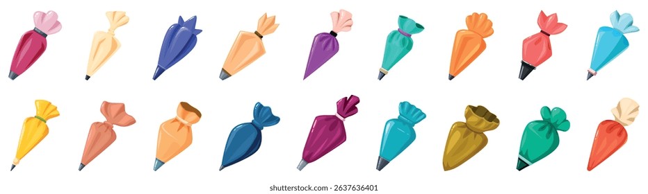 Pastry bag icons set. Colorful pastry bags containing icing, ready for decorating cakes, cupcakes, and other desserts