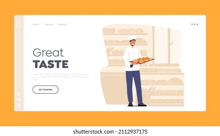 Pastry and Baked Food Production Landing Page Template. Bakery Industry, Man Baker in Sterile Uniform and Hat Holding Tray with Fresh Hot Baked Bread Just Taken from Oven. Cartoon Vector Illustration