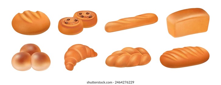 Pastry baked products variety, isolated realistic croissant and baguette, loaf of bread and buns with dried grapes. Vector fresh baking, sweets and healthy meal for eating and dieting nutrition