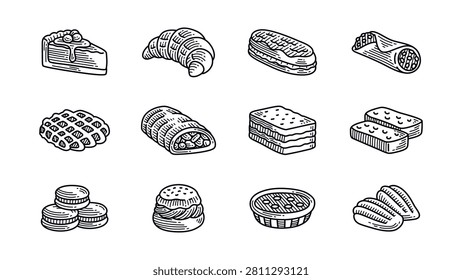 Pastry bakery assortment engraved icon set for pastry shop with croissant, cake slice, burrito wrap, lattice pie, layered pastry, crackers, macarons, cream puff, tart and madeleines