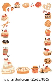 Pastry and bakery dessert elements. Vector hand drawn frame.