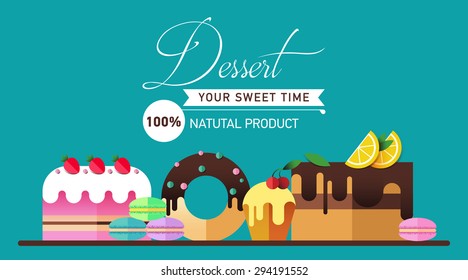 Pastry and bakery desserts mini poster set isolated vector illustration.. Cake. Bakery. Flat illustration. Pastry shop icon isolated on background, cafe, restaurant or pastry menu design.  Logo