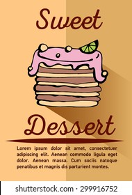 Pastry and bakery desserts mini poster vector illustration. Cake. Bakery. Flat illustration. Pastry shop icon isolated on background, cafe, restaurant or pastry menu design.  Logo. Sweet dessert
