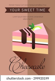 Pastry and bakery desserts mini poster vector illustration. Cake. Bakery. Flat illustration. Pastry shop icon isolated on background, cafe, restaurant or pastry menu design.  Logo. Cheesecake