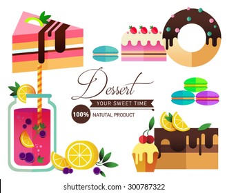 Pastry and bakery desserts mini poster  vector illustration.Cake. Bakery. Flat illustration. Pastry shop icon isolated on background, cafe, restaurant or pastry menu design.  Logo