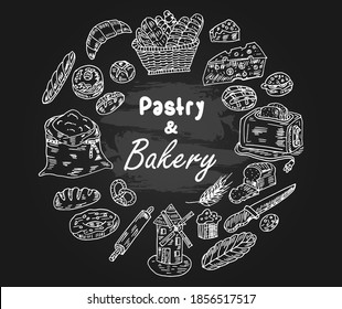 Pastry and bakery hand drawn doodle concept. Set collection of bakery element icons. Cartoon vector illustrations.
