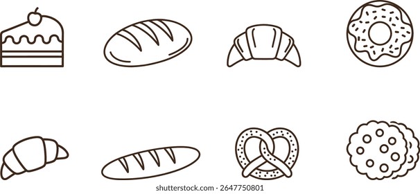 Conjunto de ícones de estrutura de tópicos de itens de pastelaria e padaria