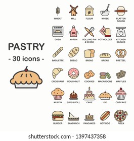 Pastry and bakery set - 30 colorful simple linear icons
