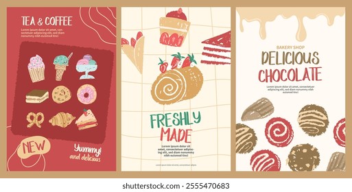 Pastry, Bakery shop illustration poster. Ice cream, cake, croissants, bread and more.