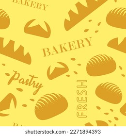 Pastry and bakery shop production, making and baking tasty fresh loaves and buns for dinner and breakfast. Market or shop, store assortment. Seamless pattern or background print. Vector in flat style