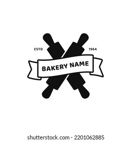 Pastry bakery store logo icon with rolling pin and banner ribbon