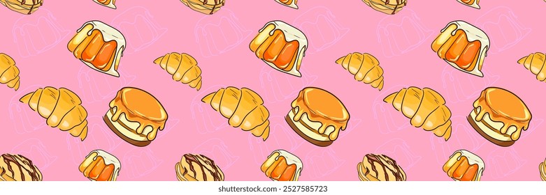 Pastry bakery and sweets jelly pudding, croissant and cake seamless pattern vector illustration. Pink orange bright pattern.