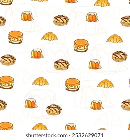 Pastry bakery and sweets jelly pudding, croissant and cake seamless pattern vector illustration. orange bright minimalistic pattern.