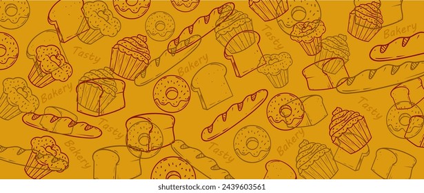 Pastry and Bakery  vector banner illustration,wallpaper,background, line art