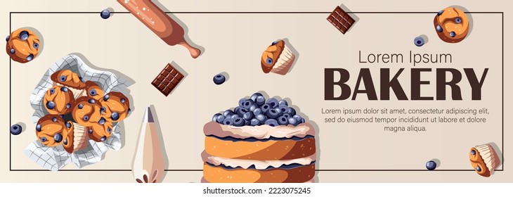 Pastry, baking products, cake, muffins, utensils, copy-space on light. Bakeries, shops, confectionery, cooking, dessert concept. Vector illustration for poster,banner,flyer,menu,advertising. 