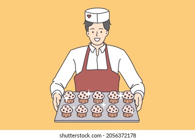 Pastry baking worker with cupcakes tray. Vector concept illustration of desserts baker serving sweet muffins.