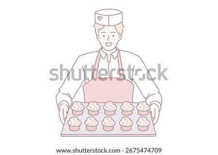 Pastry baking worker with cupcakes tray. Vector concept illustration of desserts baker serving sweet muffins.