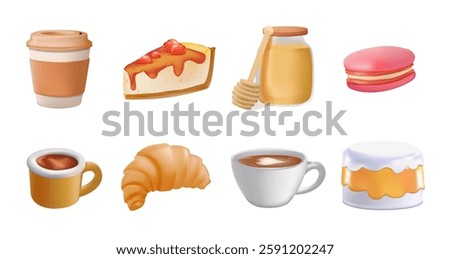 Pastry beverage 3d icons set. Tea or filter cup, take away and cappuccino. Croissants and cookies, sweets like cheesecake, honey, croissant and cake . Bakery shop cartoon vector set
