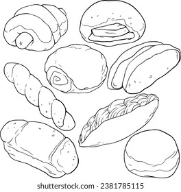 pastry black outline on white background. bread food. line vector set