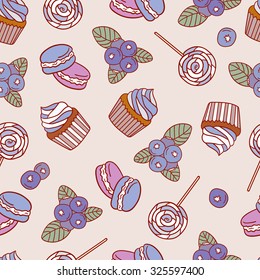 Pastry and blueberries hand drawn seamless pattern. Doodle background collection confections. Icon set vector