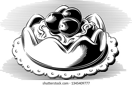 A pastry with blueberries, on a background, in black and white vector.