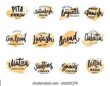 Pastry and bread logotypes set with hand drawn bakery products of different national cuisines isolated vector illustration