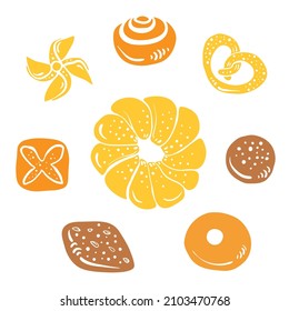 Gebäck und Brötchen. Farbige Papierschnitt-Kollektion von Backwaren einzeln auf weißem Hintergrund. Doodle handgezeichnete Backwaren Symbole. Vektorgrafik