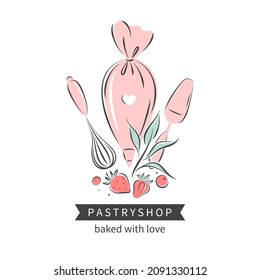 Pastry and bread shop. Set of tools for making cakes, cookies and pastries. Vector illustration for logo, menu, recipe book, baking shop, cafe.
