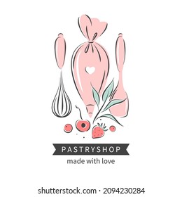 Pastelería y panadería. Conjunto de herramientas para hacer pasteles, galletas y pasteles. Ilustración vectorial para logotipo, menú, libro de recetas, taller de horneado, café.
