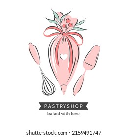 Pastry and bread shop. Set of tools for making cakes, cookies and pastries. Vector illustration for logo, menu, recipe book, baking shop, cafe.
