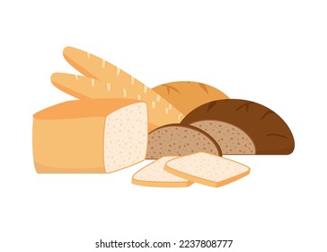 Pastry bread from wheat, whole grain and rye, bakery food set. White loaf, brown bread, toast bread, French baguette. Vector illustration