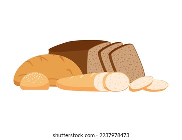 Pastry bread from wheat, whole grain and rye, bakery food set. White loaf, brown toast bread brick, french baguette, bun for burger. Vector illustration