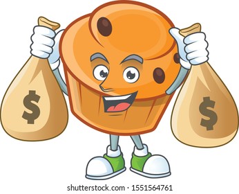 Pastry brioche mascot with holding money bag cartoon character