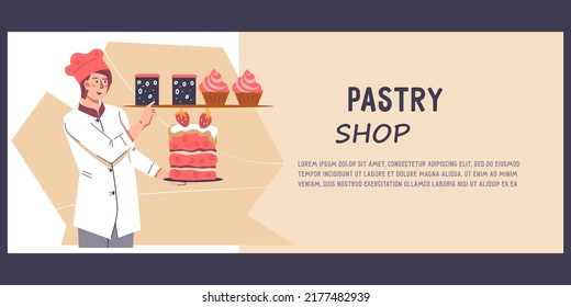 Pastry Cake Shop Banner Or Flyer Mockup With Confectioner Female Character, Flat Cartoon Vector Illustration. Advertising Banner Or Leaflet For Pastry.