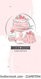 Pastry and cake shop logo. Сake, cupcake and berries. Vector illustration  for menu, recipe book, baking shop.