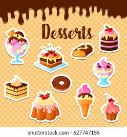 Pastry cakes and desserts on vector waffle. Cupcakes and tortes of tiramisu, brownie and charlotte pudding, chocolate brownie muffins and ice cream with fruit and berry for patisserie or bakery design