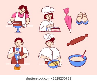Pastry Chef Baking Set. A collection of 8 pastry chef-themed illustrations featuring chocolate desserts and baking tools. Perfect for food-related designs, bakeries, or recipe projects