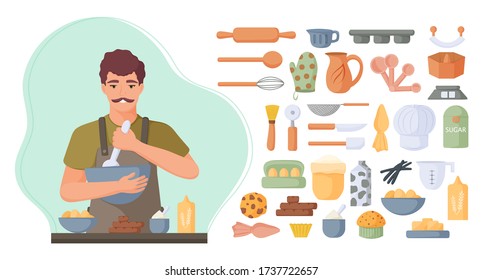 Pastry chef and baking tools. Kitchen items collection. Design for menu, packaging, poster, banner, print. Vector illustration. 