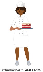 pastry chef, black chef, with cake in hand, illustration