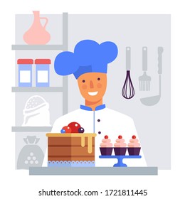 Pastry chef with cake and cakes. Flat vector stylized image. Avatar illustration