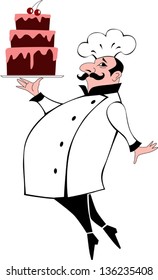 Pastry chef carrying a chocolate layered cake, vector cartoon