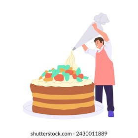 Pastry chef cartoon character decorating giant cake sweet food isolated on white background