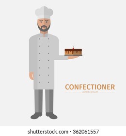 Pastry chef character, confectioner holding plate with cake.