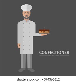 Pastry chef character, confectioner holding plate with cake.